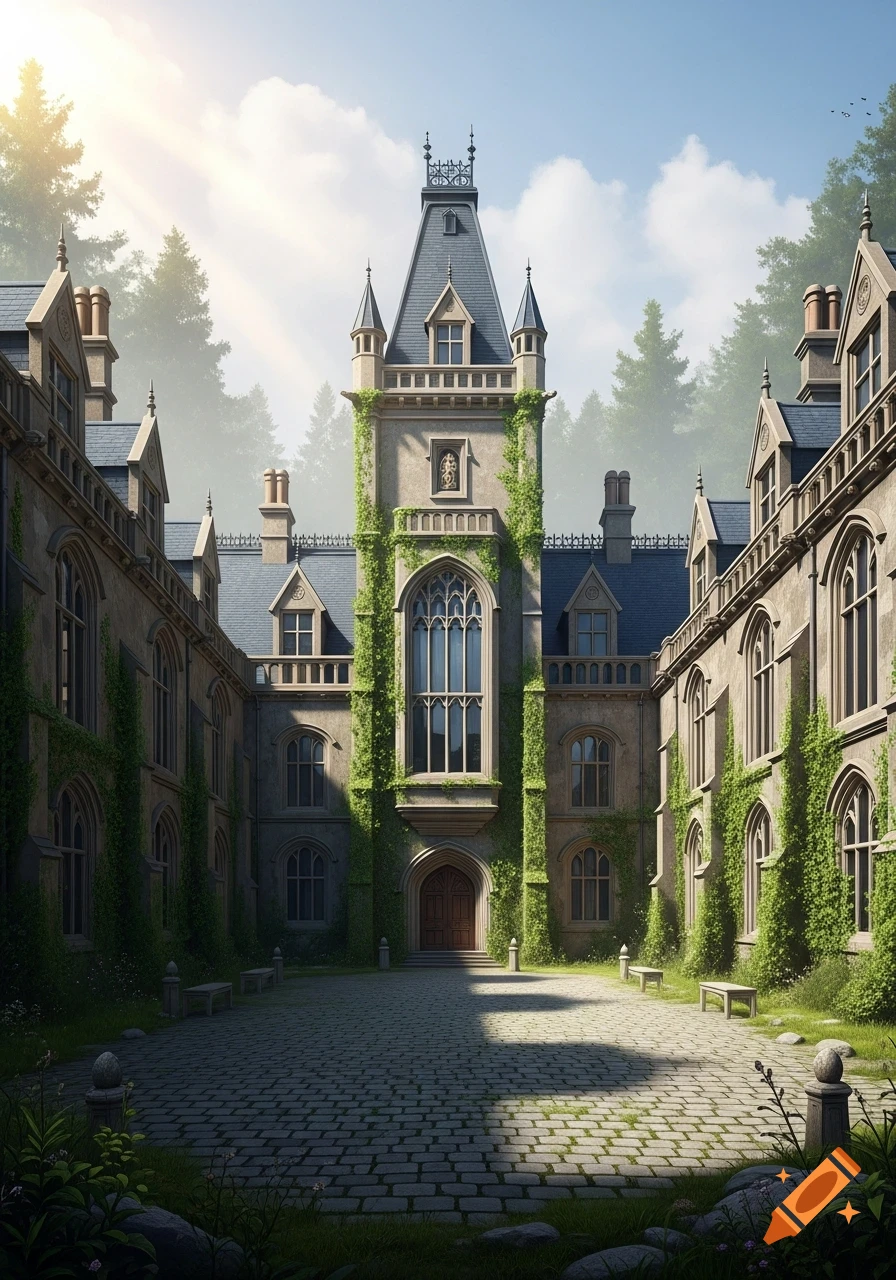 A grand, old stone boarding school or castle building with a tall central tower, covered in green moss, surrounded by trees under a bright sky.