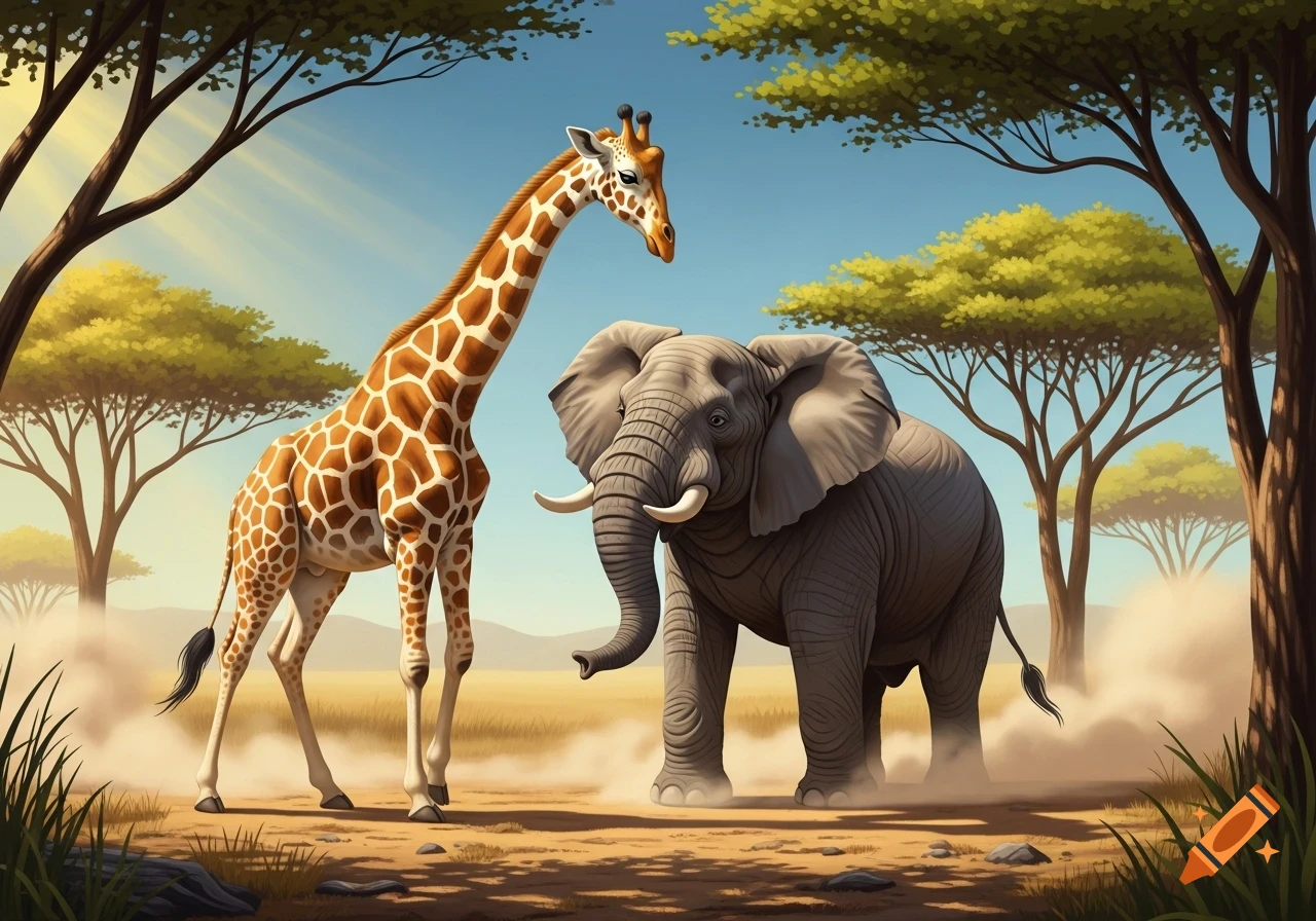 A tall giraffe looks down at a large elephant standing in a sunny savanna with acacia trees and dust clouds.