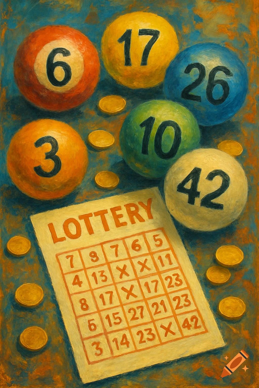 Colorful lottery balls, a lottery ticket, and gold coins are arranged on a blue and orange textured background in a painterly style.