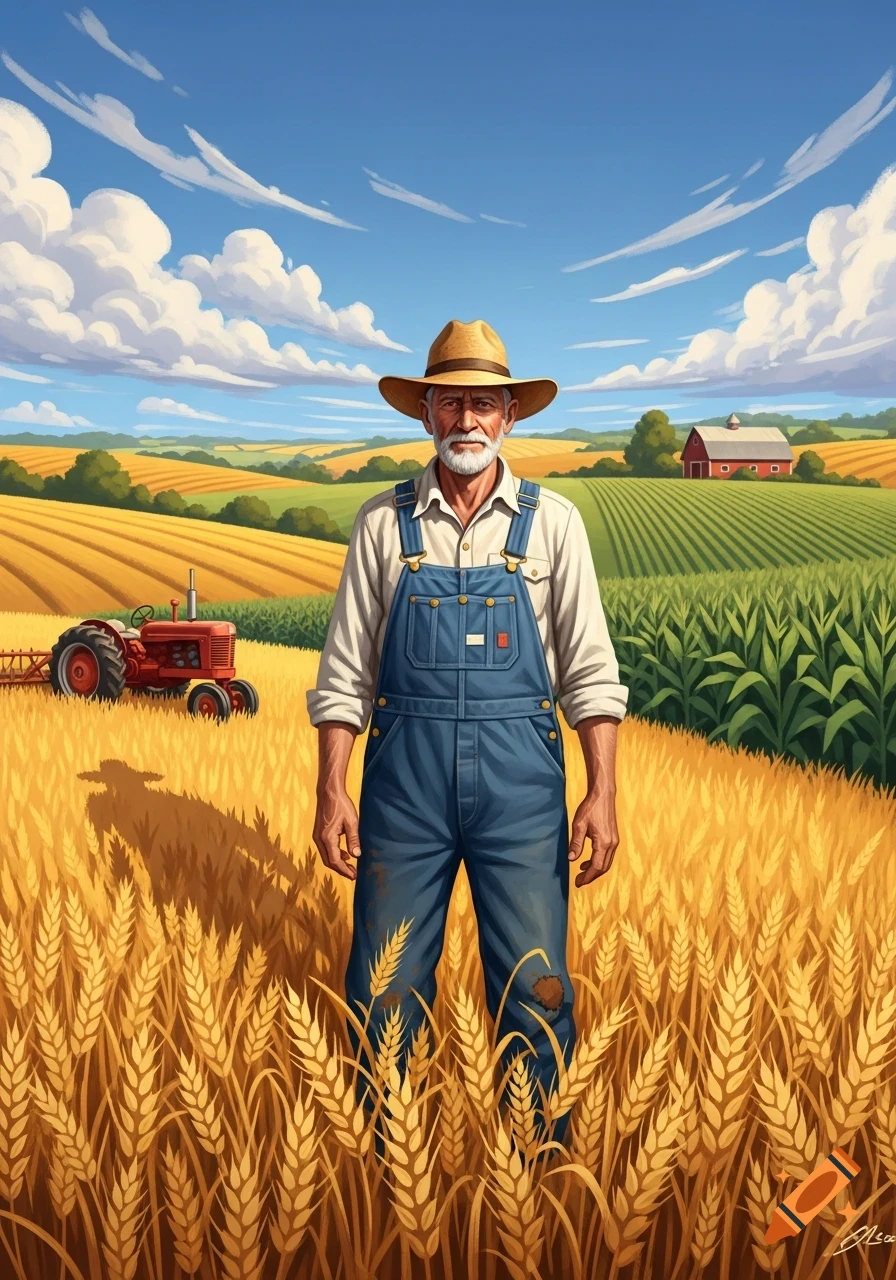 An illustration of an old farmer in overalls and a straw hat standing in a golden wheat field, with a red tractor and barn in the background.