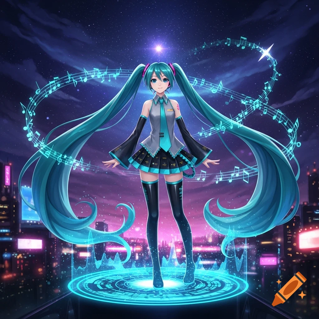 An anime character with long turquoise pigtails stands on a glowing platform in a futuristic city, surrounded by floating musical notes.