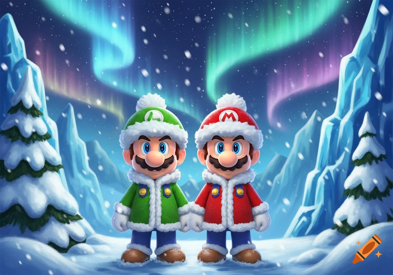 Mario and Luigi in winter coats and hats stand in a snowy landscape with a vibrant aurora borealis.