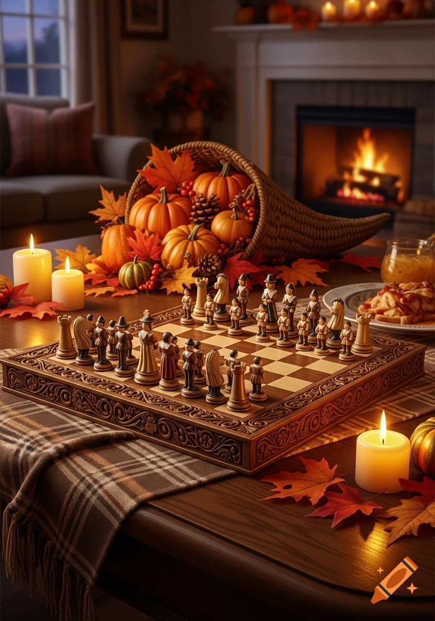 A photorealistic image of a chess set and Thanksgiving decorations, including pumpkins, leaves, and candles, in a cozy room with a fireplace.