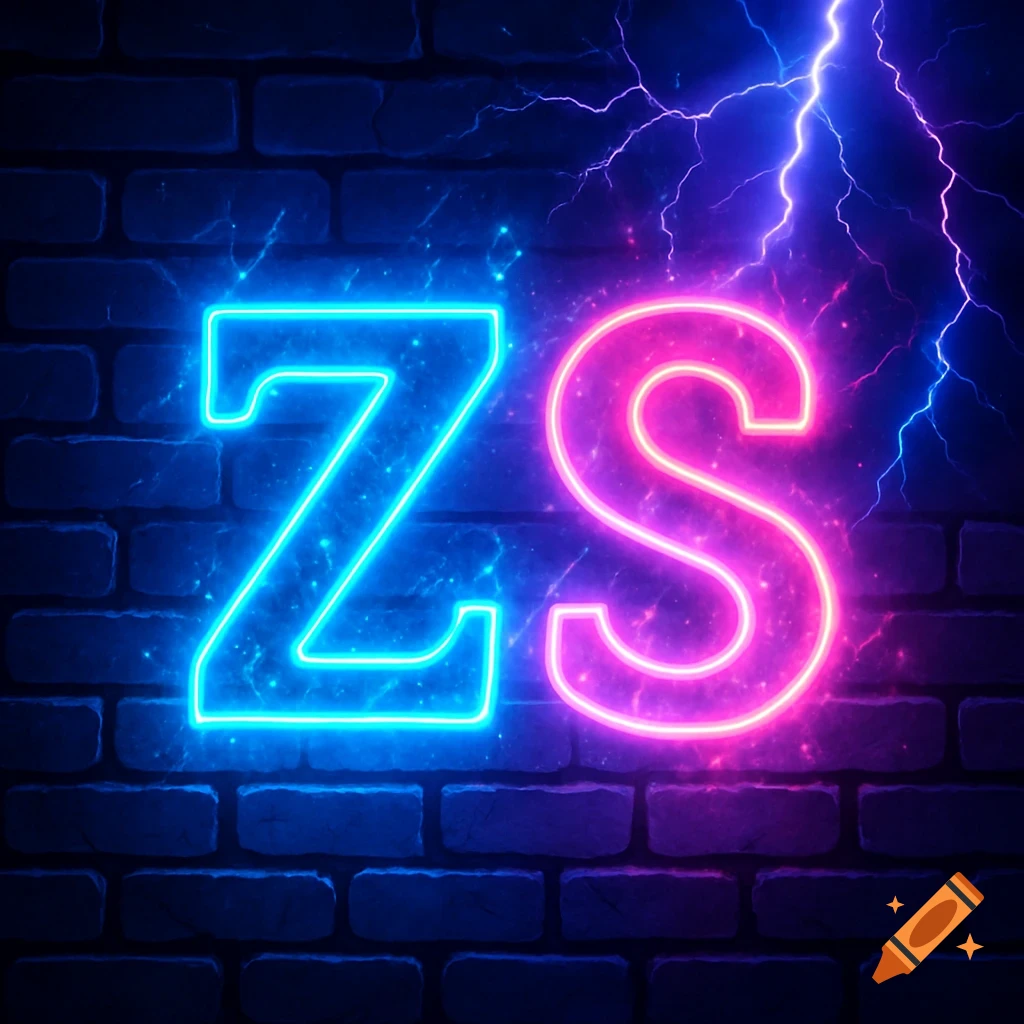 A neon blue letter Z and a neon pink letter S glow against a dark brick wall, with electric blue and pink lightning streaks behind them.