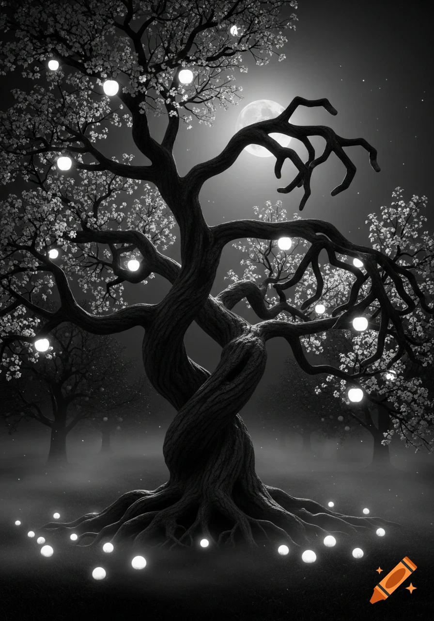 A twisted, gnarled tree with glowing orbs on its branches and roots, standing in a misty, moonlit black and white forest.