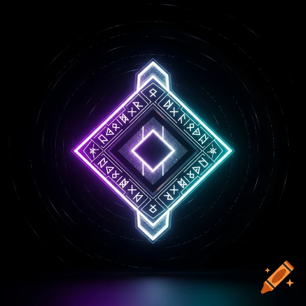A symmetrical neon purple and cyan glowing diamond symbol with runic ...