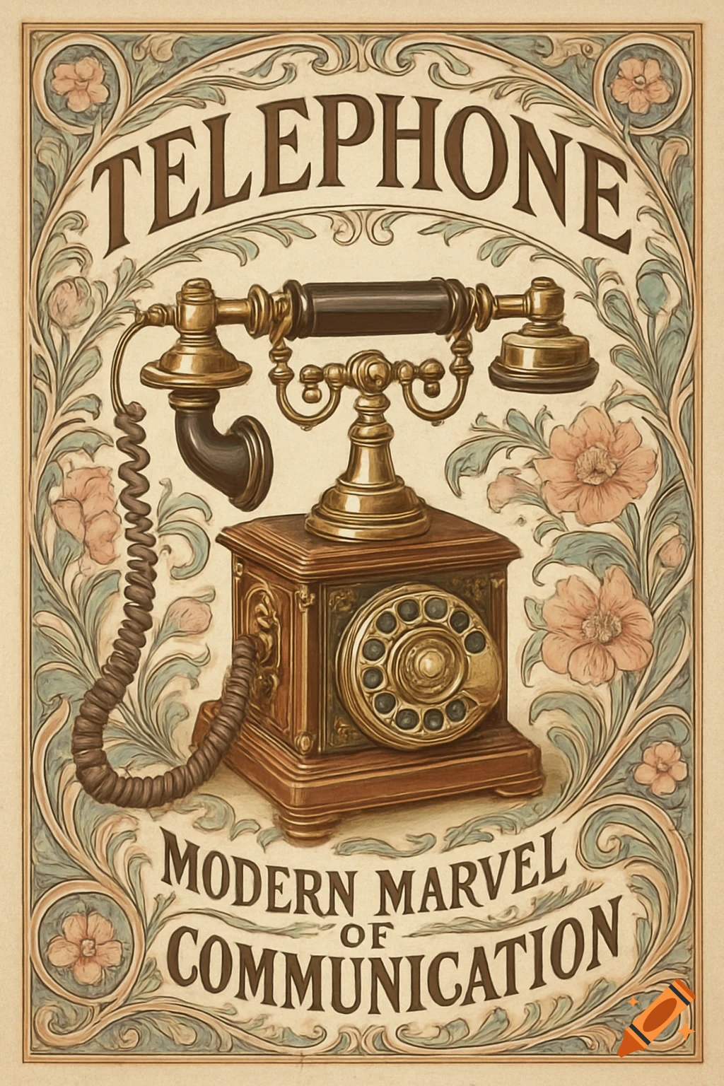 Vintage 19th-century Art Nouveau poster of a telephone, with ornate floral borders and text: 'TELEPHONE MODERN MARVEL OF COMMUNICATION'.
