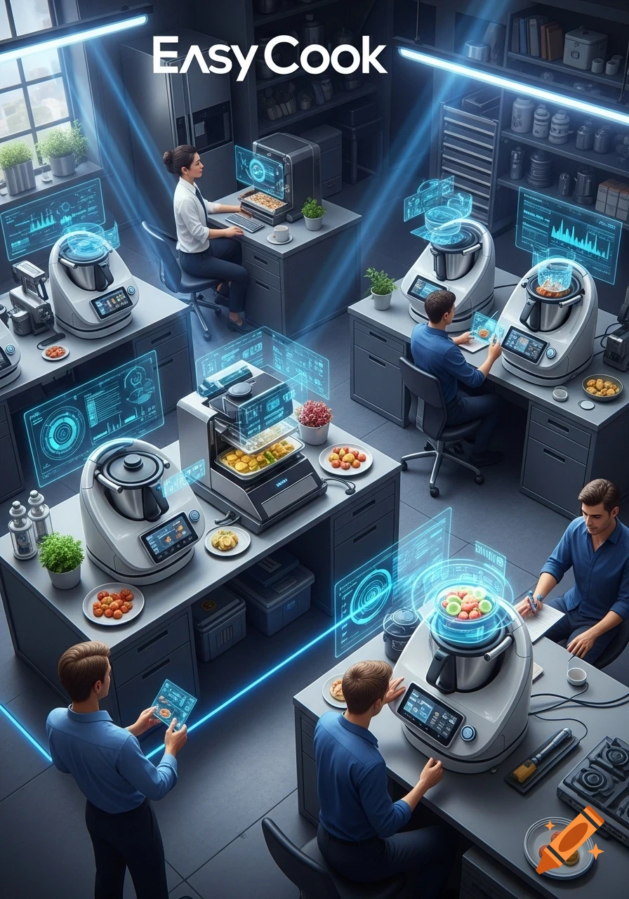 Photorealistic image of a high-tech kitchen or R&D lab, where several people interact with modern 'Easy Cook' smart kitchen appliances featuring glowing holographic interfaces and food preparation.