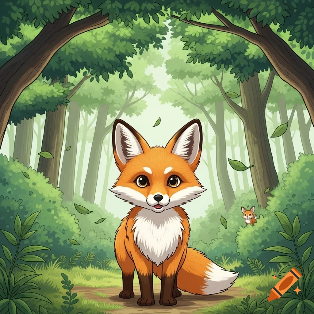 A cute cartoon fox stands in a lush green forest, stylized in a Japanese manga illustration.
