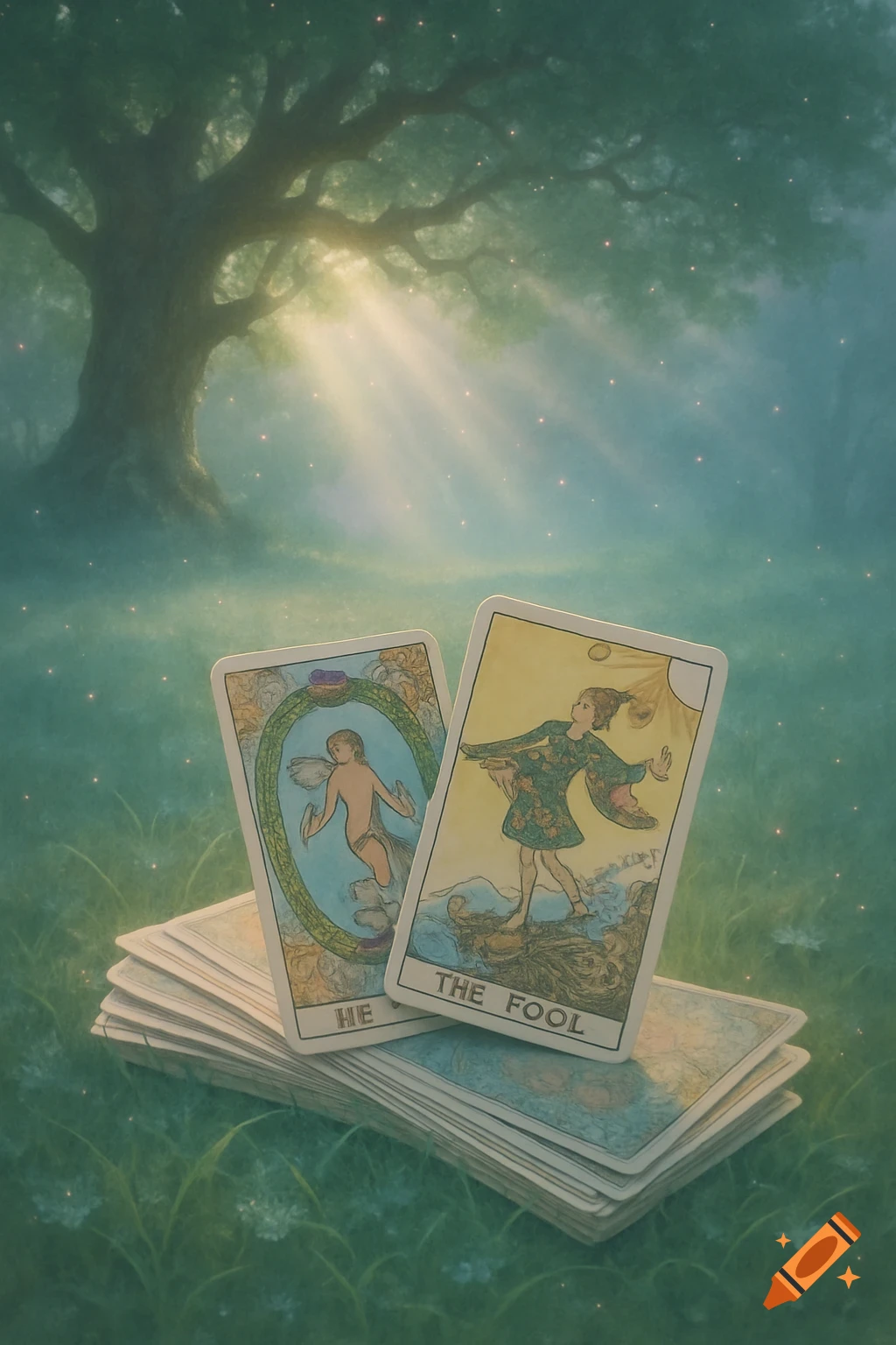 Two Rider-Waite-Smith tarot cards, 'The Fool' and partially 'The World', stand on a stack of cards in misty grass, bathed in magical light from a large tree.