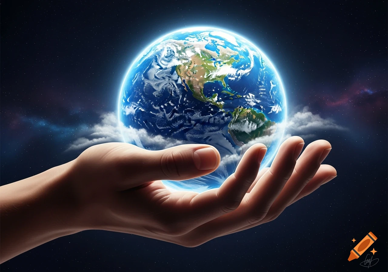 A hand cradling a glowing Earth against a starry space background.
