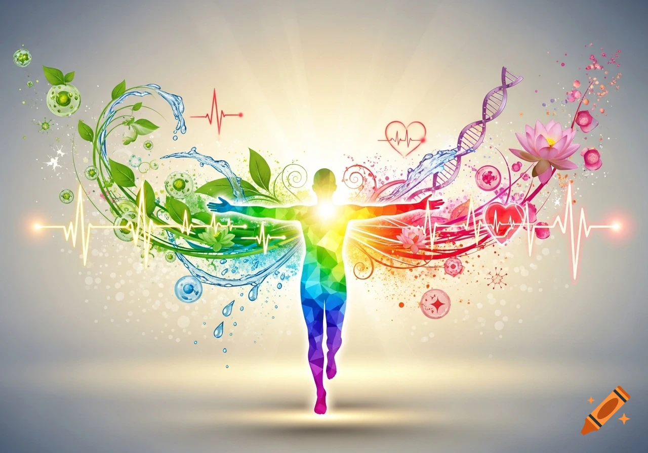 Vibrant, multi-colored polygonal human figure surrounded by swirling natural and medical symbols like DNA, heartbeats, leaves, and water, on a bright background.
