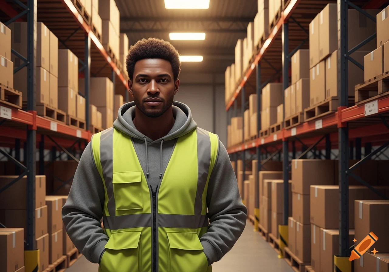 A man in a neon yellow safety vest and gray hoodie stands in a warehouse aisle filled with stacked boxes and pallets.