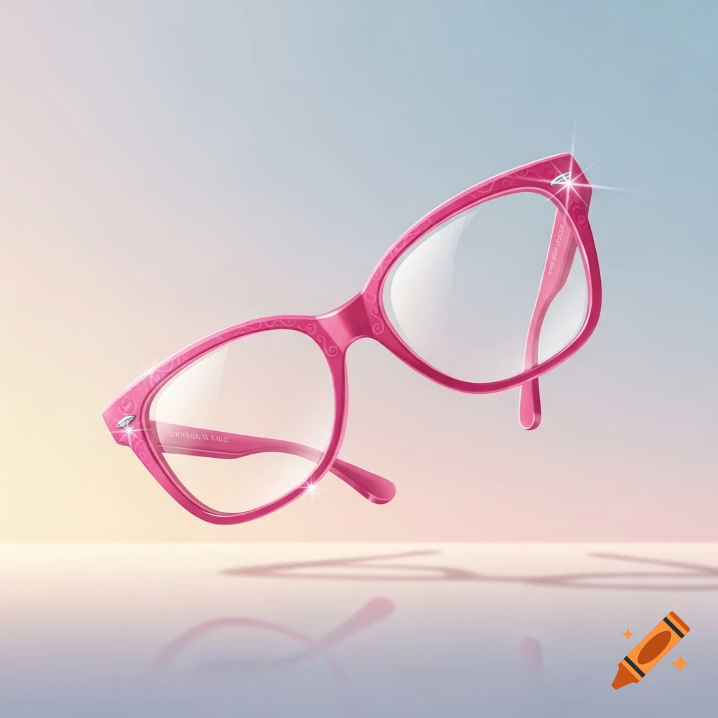 Pink cat-eye glasses without lenses float over a reflective surface against a gradient background.