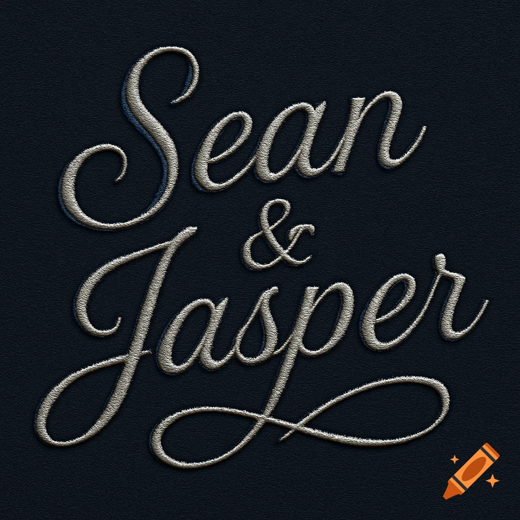 Embroidered text 'Sean & Jasper' in a flowing script font on a dark textured background.