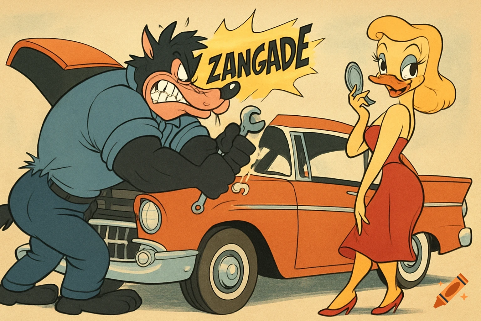 Vintage cartoon of an angry wolf mechanic with a wrench working on an orange 50s car while a glamorous duck in a red dress applies lipstick, with "ZANGADE" in a speech bubble.