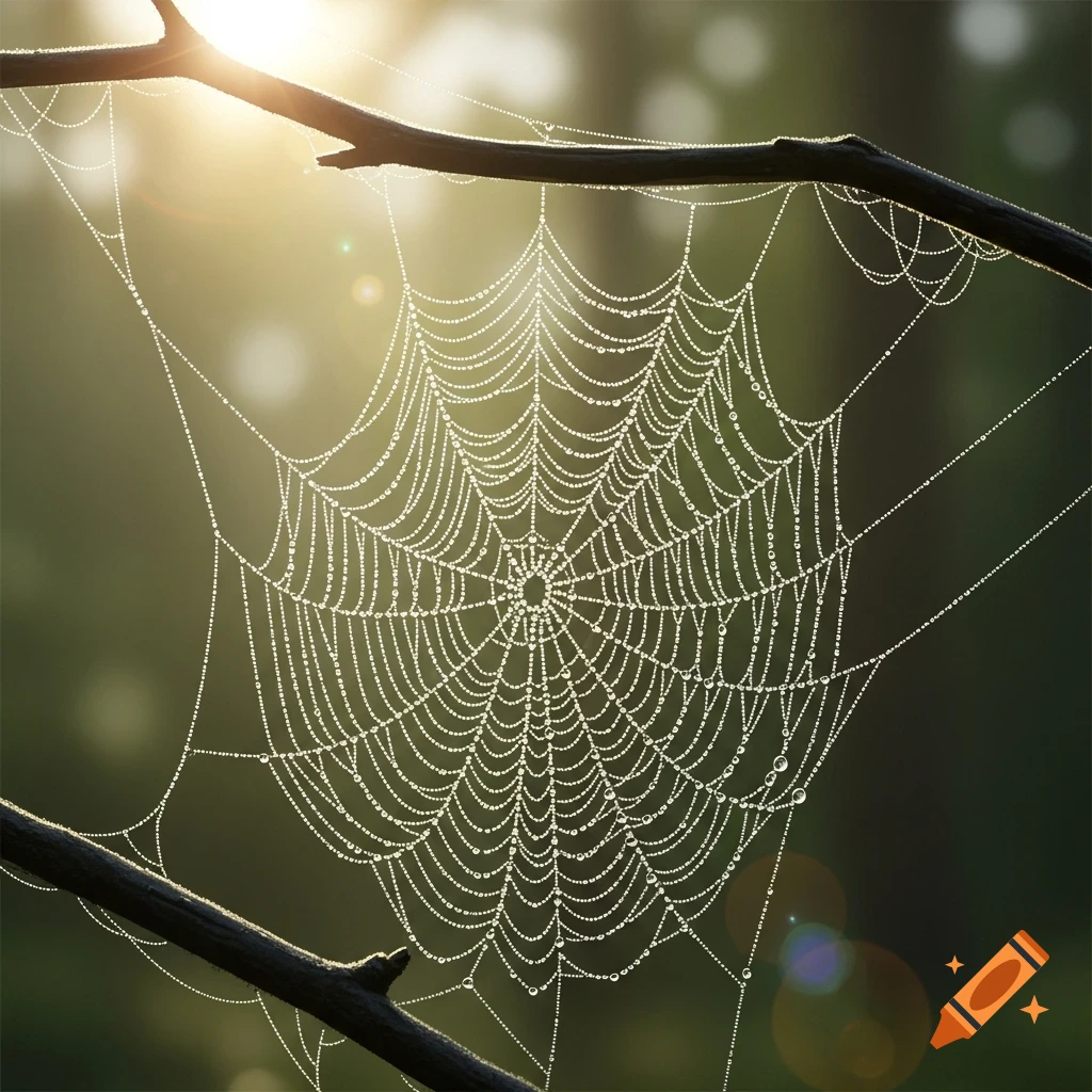A delicate spiderweb covered in sparkling dew drops, illuminated by golden morning sunlight filtering through branches.