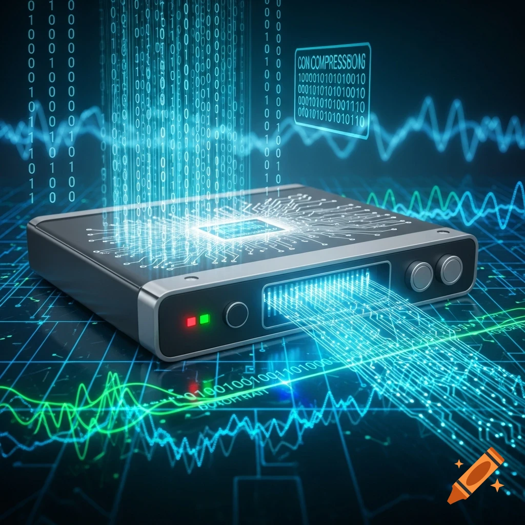 A glowing data device with circuits, binary code, and digital waveforms representing data processing.
