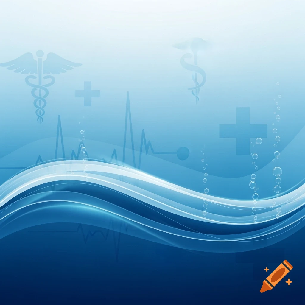 Abstract blue background with medical symbols, including caduceus, crosses, ECG lines, and flowing waves.