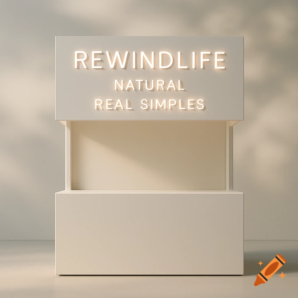 A minimalist white display stand with glowing white text 'REWINDLIFE', 'NATURAL', and 'REAL SIMPLES' on the top panel.