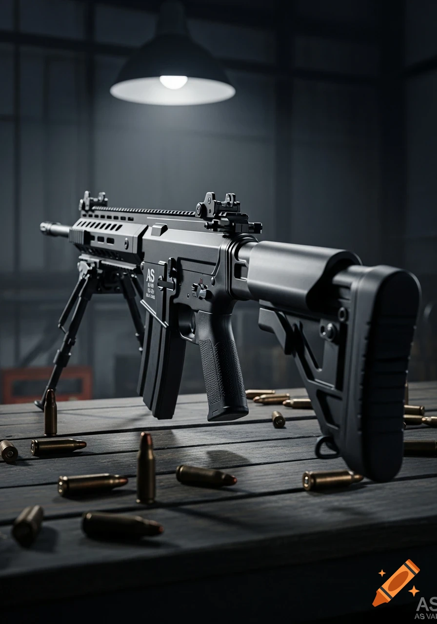 A detailed, low-light shot of a black AS Val rifle with a bipod, surrounded by scattered bullets, on a wooden table under a hanging lamp.