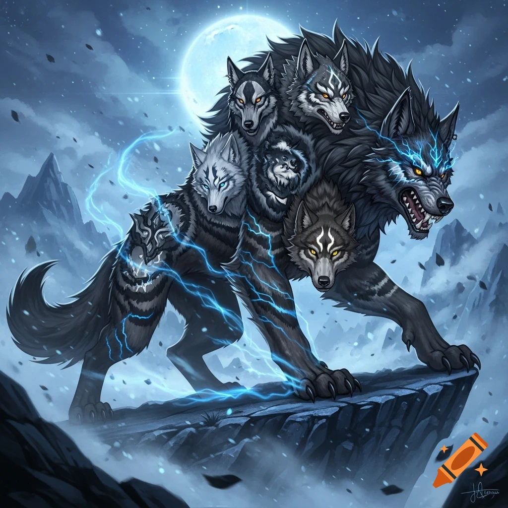A detailed fantasy illustration of a multi-headed wolf creature with glowing blue eyes and electricity, standing on a cliff under a full moon.