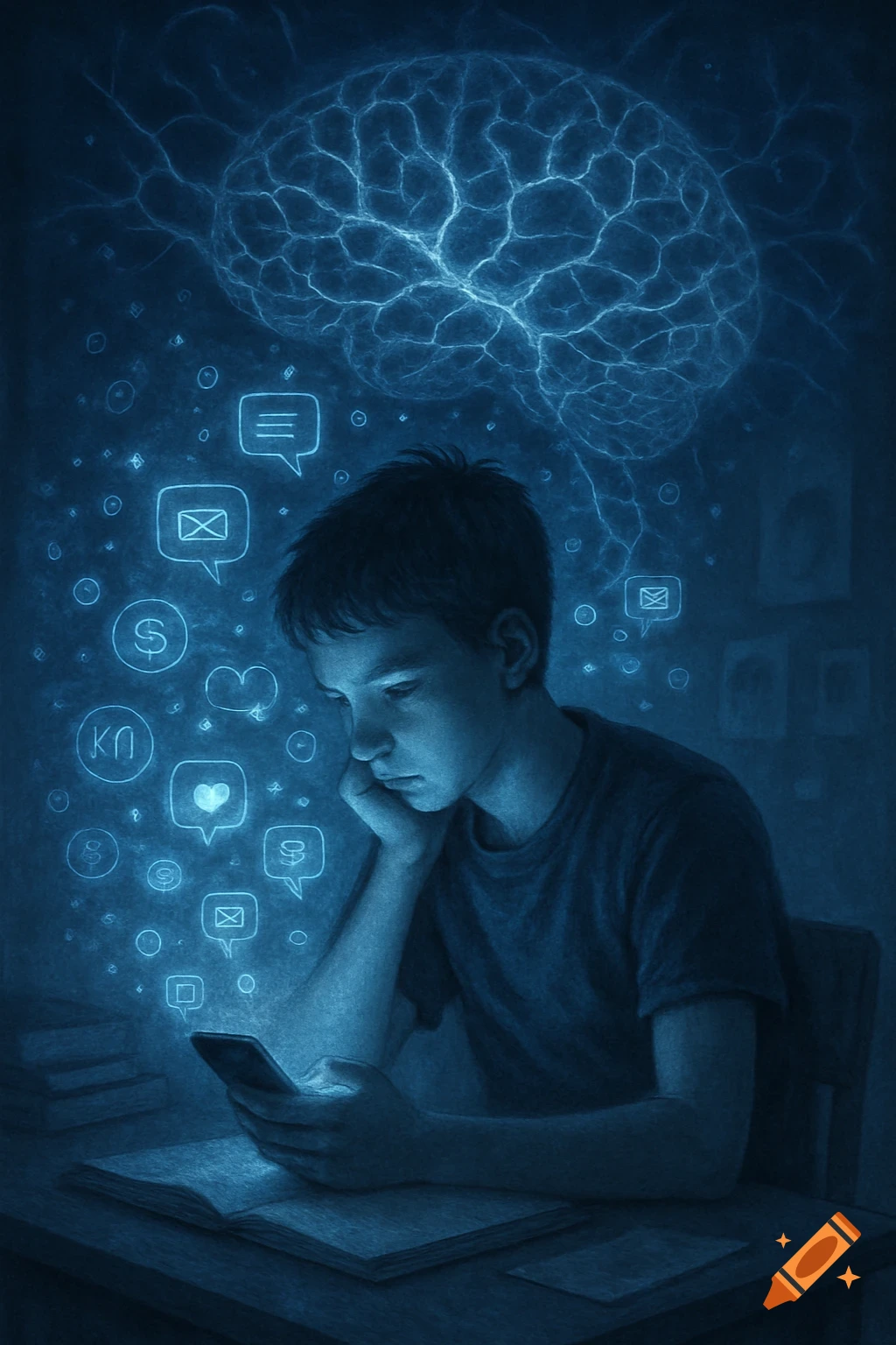 A stylized blue-toned digital illustration shows a young boy engrossed in his glowing smartphone, with social media icons and a large glowing brain graphic overhead.