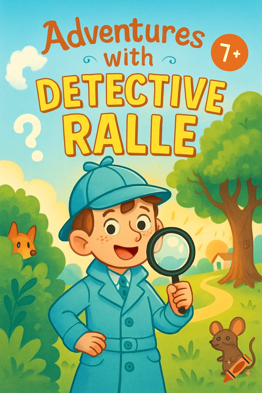 Colorful cartoon cover of 'Adventures with Detective Ralle 7+', featuring a smiling boy with a magnifying glass, a fox, and a mouse.