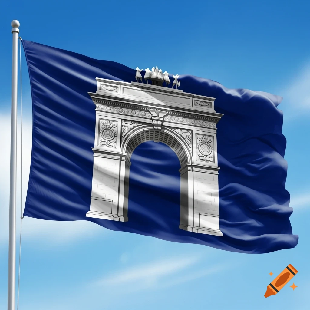 A deep blue flag with a white Washington Square Arch emblem fluttering against a clear blue sky.