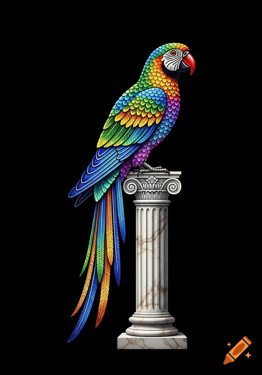 Vibrant mosaic of a colorful parrot on a classical marble column against a black background.