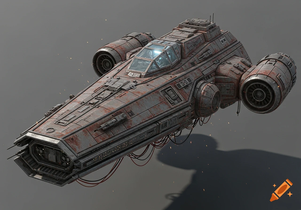 A photorealistic, old, and rusty spaceship with two large engines, wires underneath, and a cockpit, on a plain gray background.