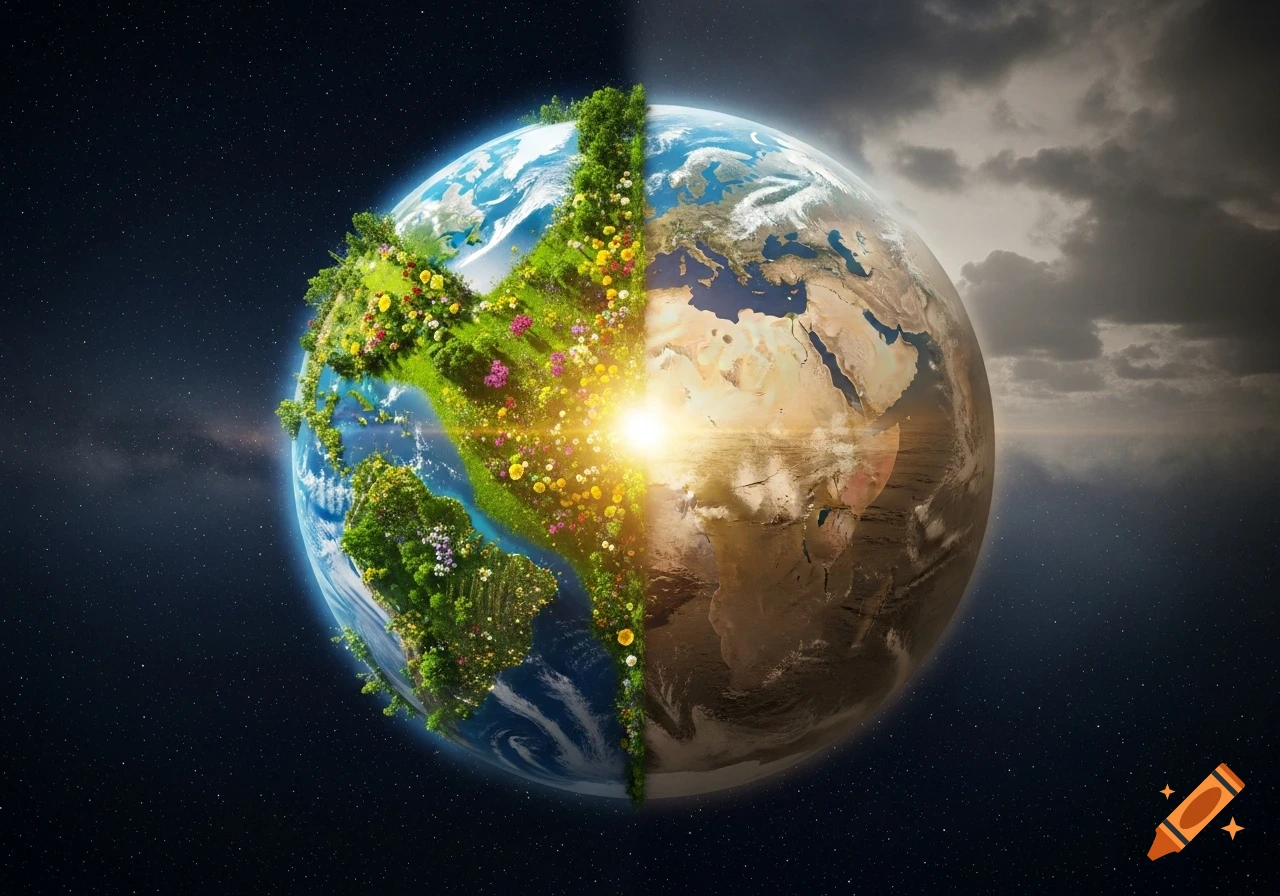 Planet Earth split, one side vibrant green and blooming, the other a dry, barren desert with dark clouds.