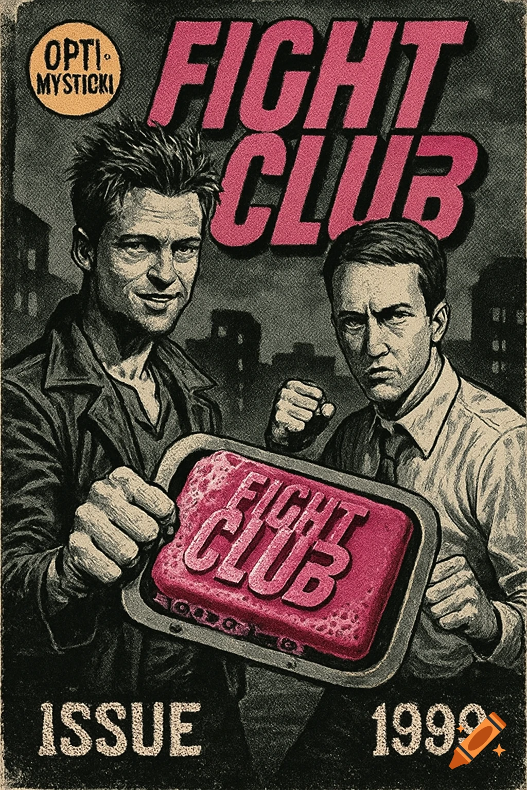 A vintage-style comic book cover featuring Tyler Durden and The Narrator from Fight Club, holding a pink bar of soap, against a city backdrop.