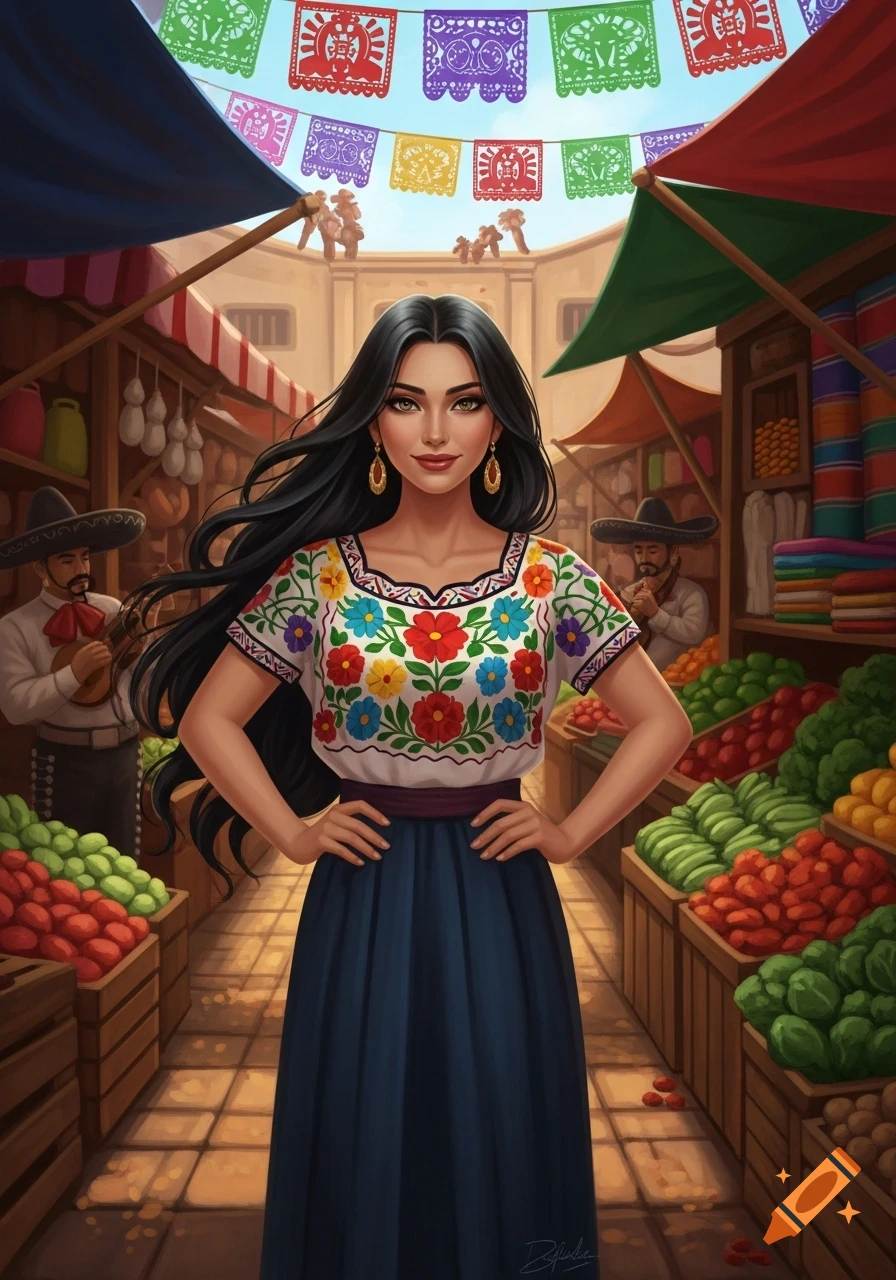 Beautiful Mexican woman in a vibrant embroidered dress and long dark hair, standing in a lively outdoor market under colorful papel picado.