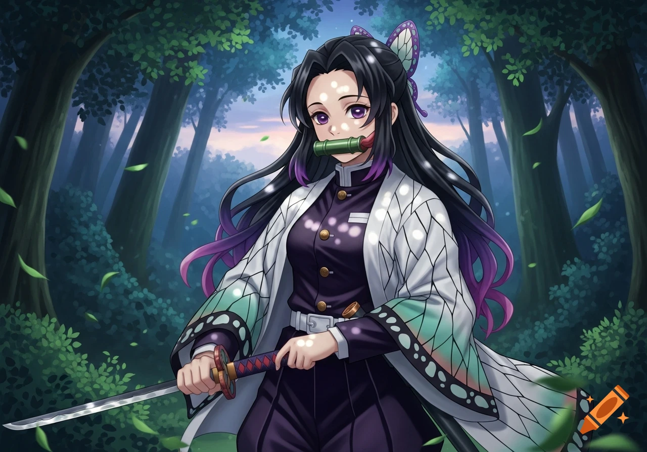Anime illustration of Shinobu Kocho in her butterfly-wing haori, holding a katana in a dark forest.