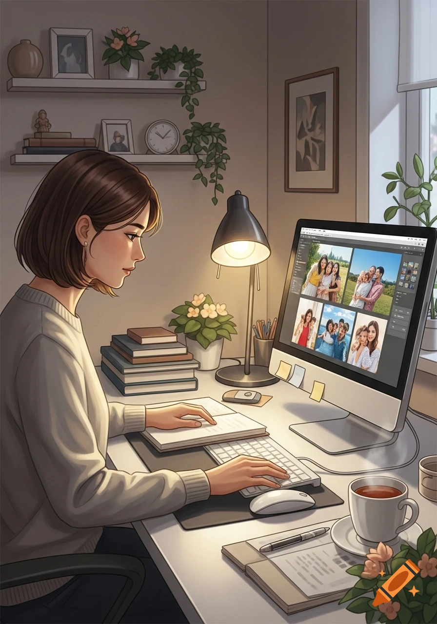 An illustrative image of a woman editing photos on a computer at a desk with a lamp, books, plants, and a tea cup.