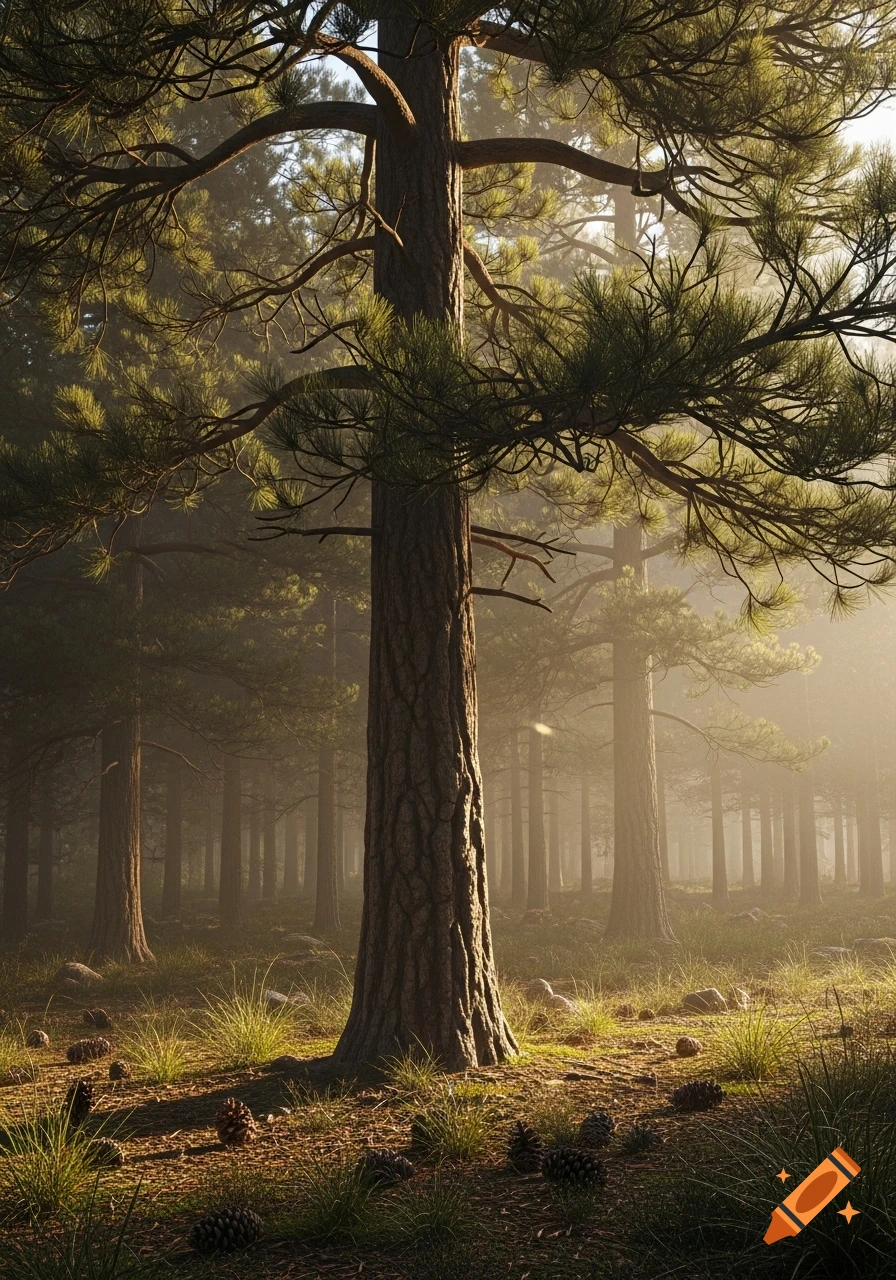 Hyperrealistic view of a large pine tree in a misty forest, with sunlight filtering through the canopy onto the forest floor.