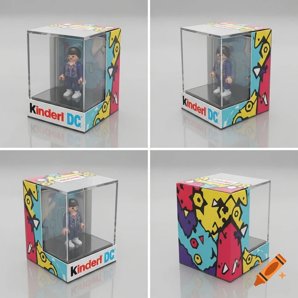 Four views of a Playmobil-style figure in a clear plastic display box with a colorful 'Kinderl DC' base.
