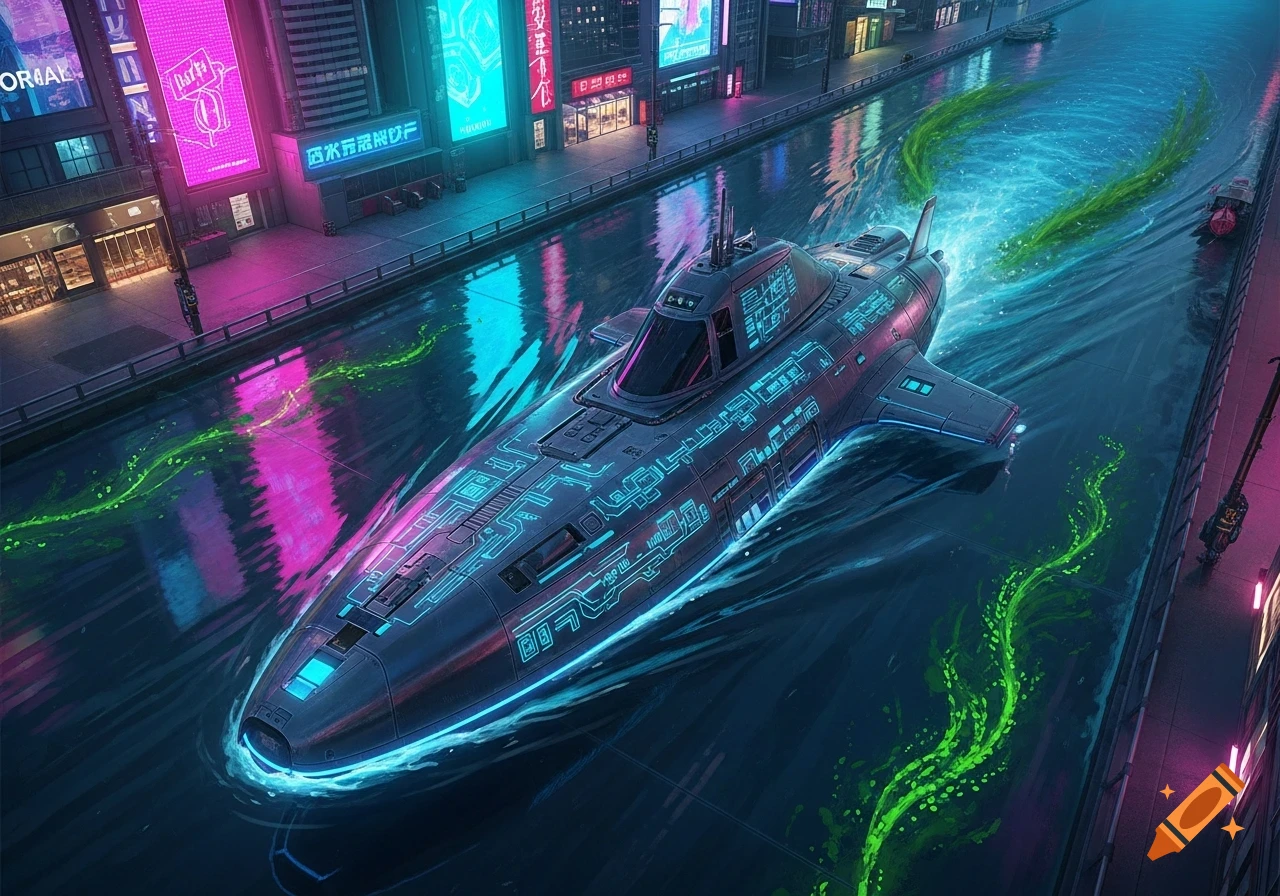 A detailed cyberpunk submarine with glowing blue accents navigates a neon-lit city canal, leaving green trails.