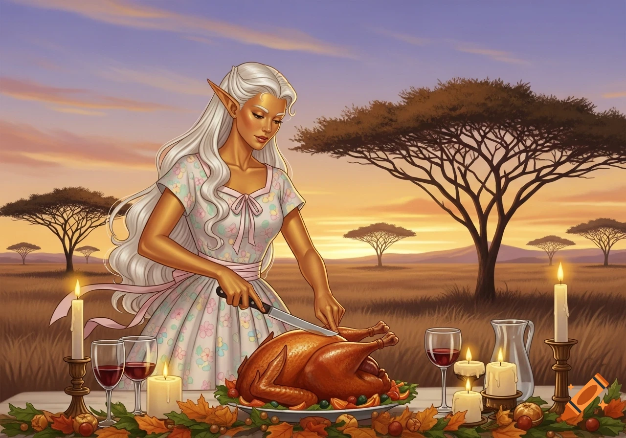 Illustration of a golden-skinned elf carving a Thanksgiving turkey on a table in an African savanna at sunset.