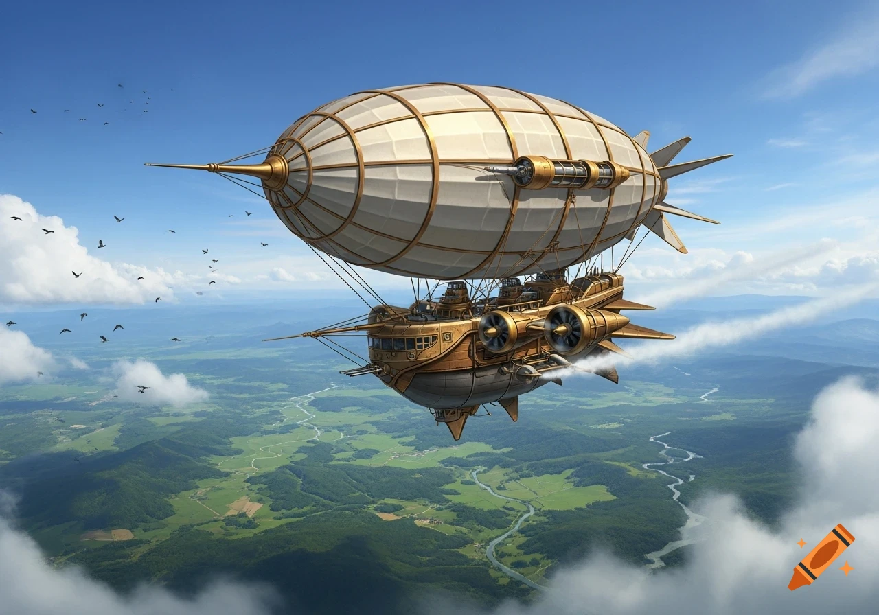 A magnificent steampunk airship with brass details and propellers soars over a green, mountainous landscape under a clear blue sky.