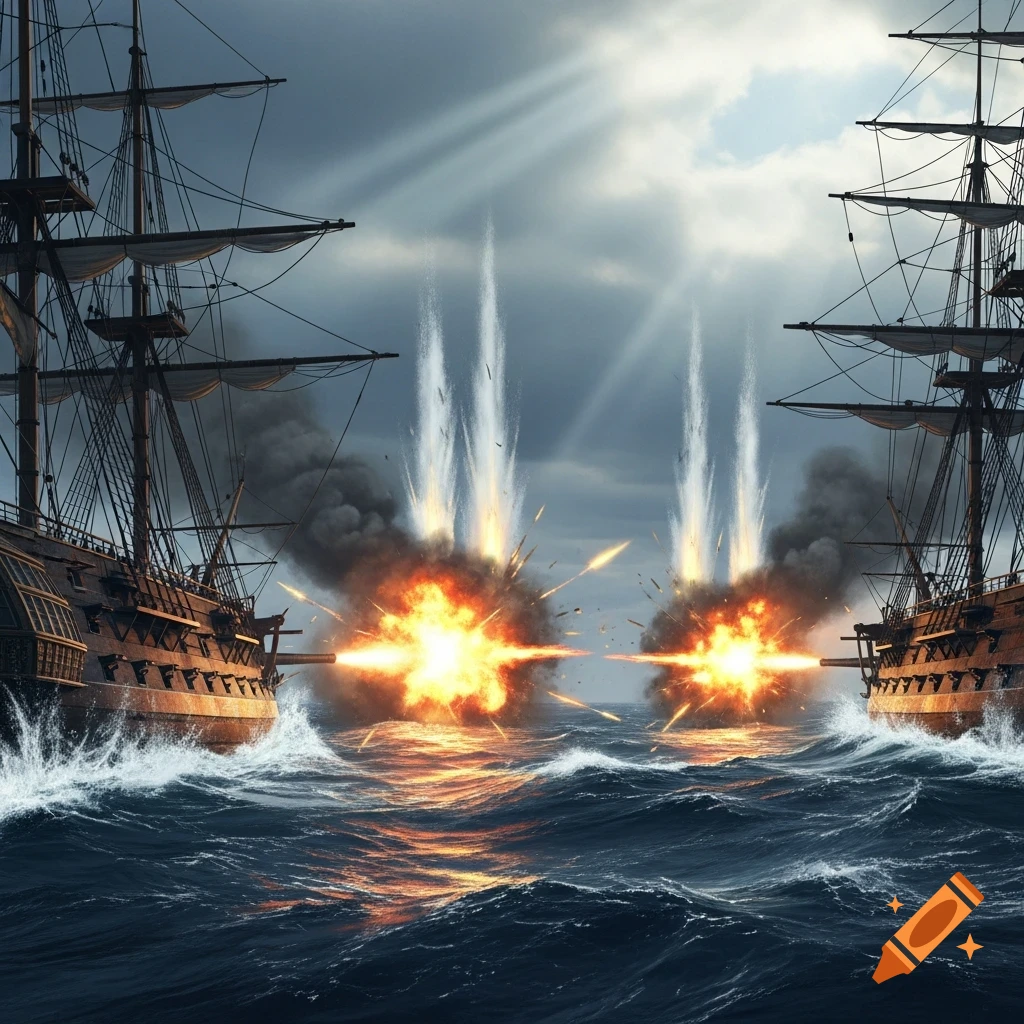 Two old warships fire cannons at each other in a dramatic naval battle on rough seas under a cloudy sky.