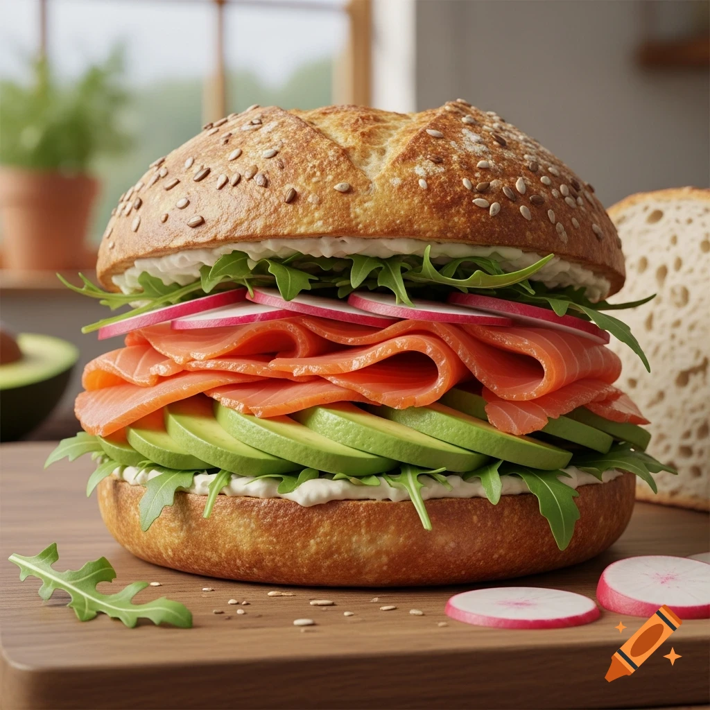 A photorealistic smoked salmon and avocado sandwich on a seeded bun with arugula and radish slices, on a wooden board.