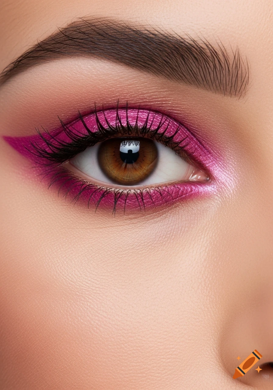 Close-up of a brown eye with vibrant magenta cat eyeliner and eyeshadow.