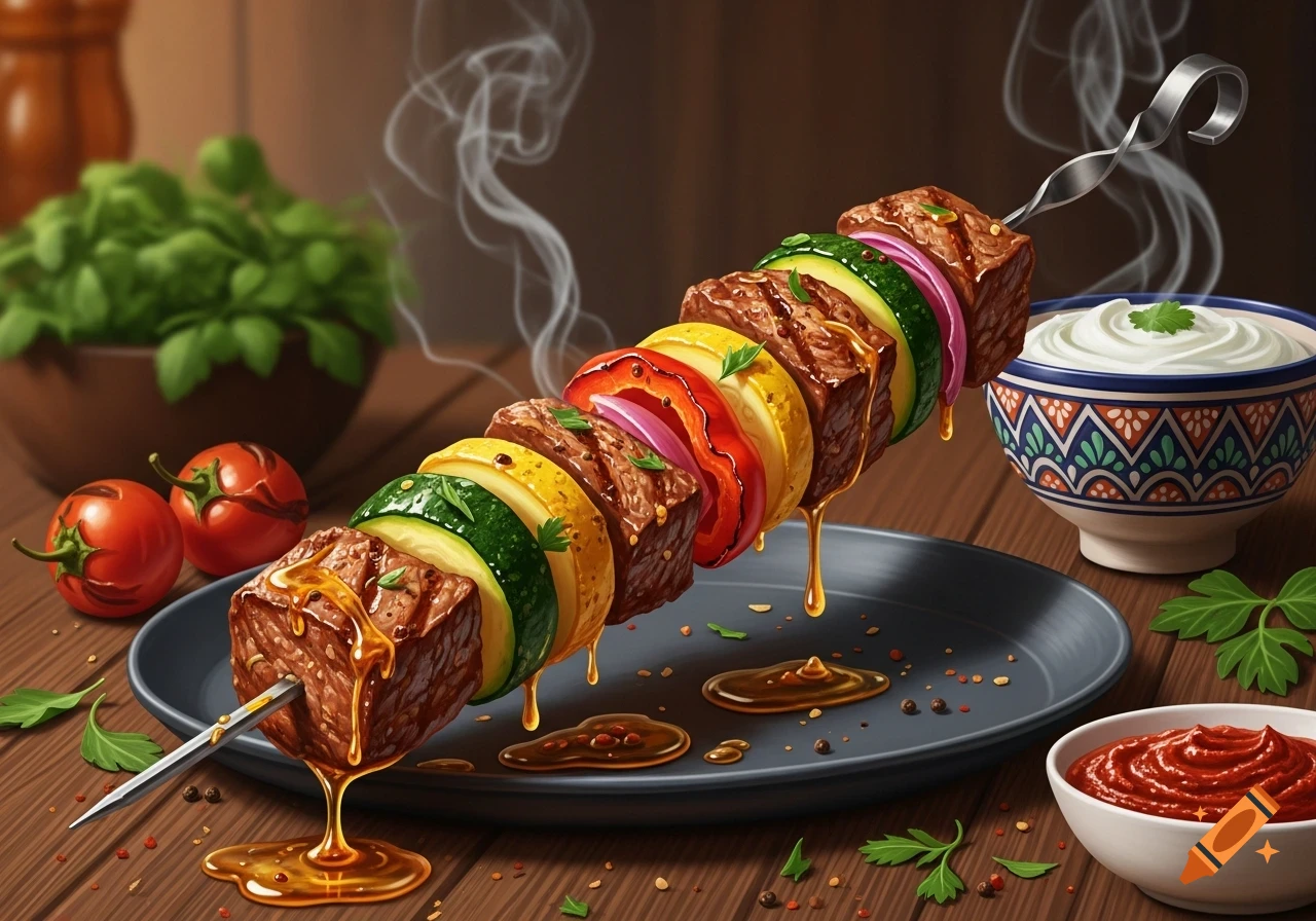 A sizzling shish kebab on a skewer with beef, zucchini, bell peppers, and onions, dripping sauce, on a plate with dips and fresh vegetables.