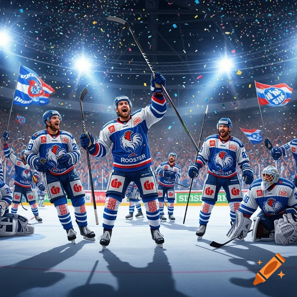 Ice hockey players in blue and white jerseys celebrate on the rink with sticks raised, surrounded by confetti and stadium lights.