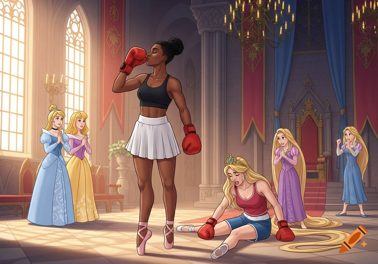 A black female boxer in ballet shoes kisses her glove as a blonde boxer lies defeated, while Disney princesses watch in a castle.