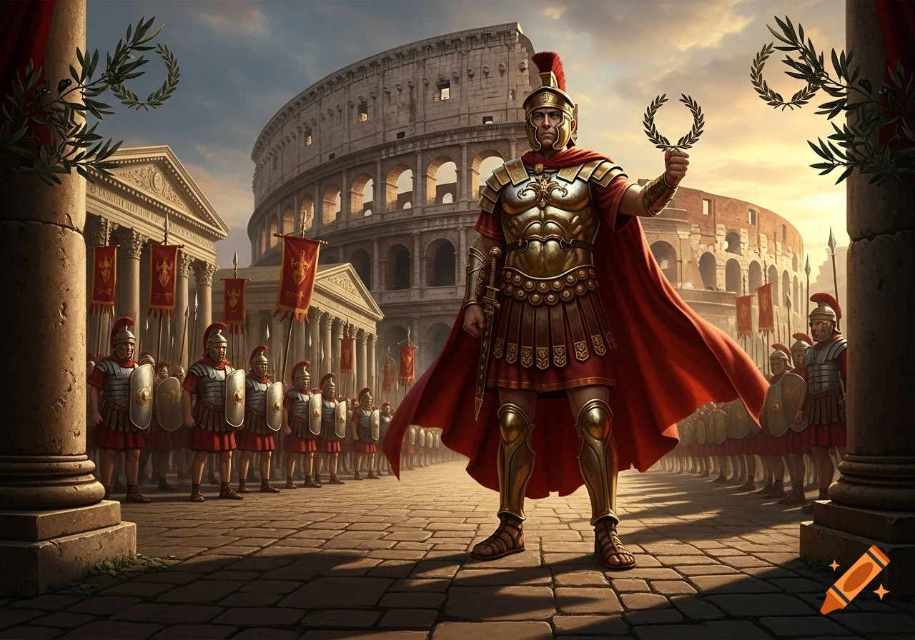 A Roman general in golden armor and red cape holds a laurel wreath in front of the Colosseum, with legions of soldiers lining the street.