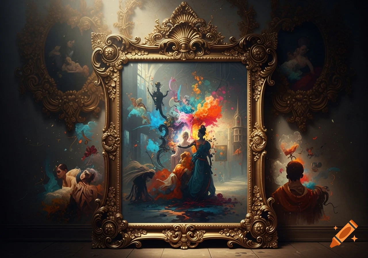 An ornate golden frame displays a vibrant, colorful explosion of paint and abstract figures, contrasting with a dark, regal room.