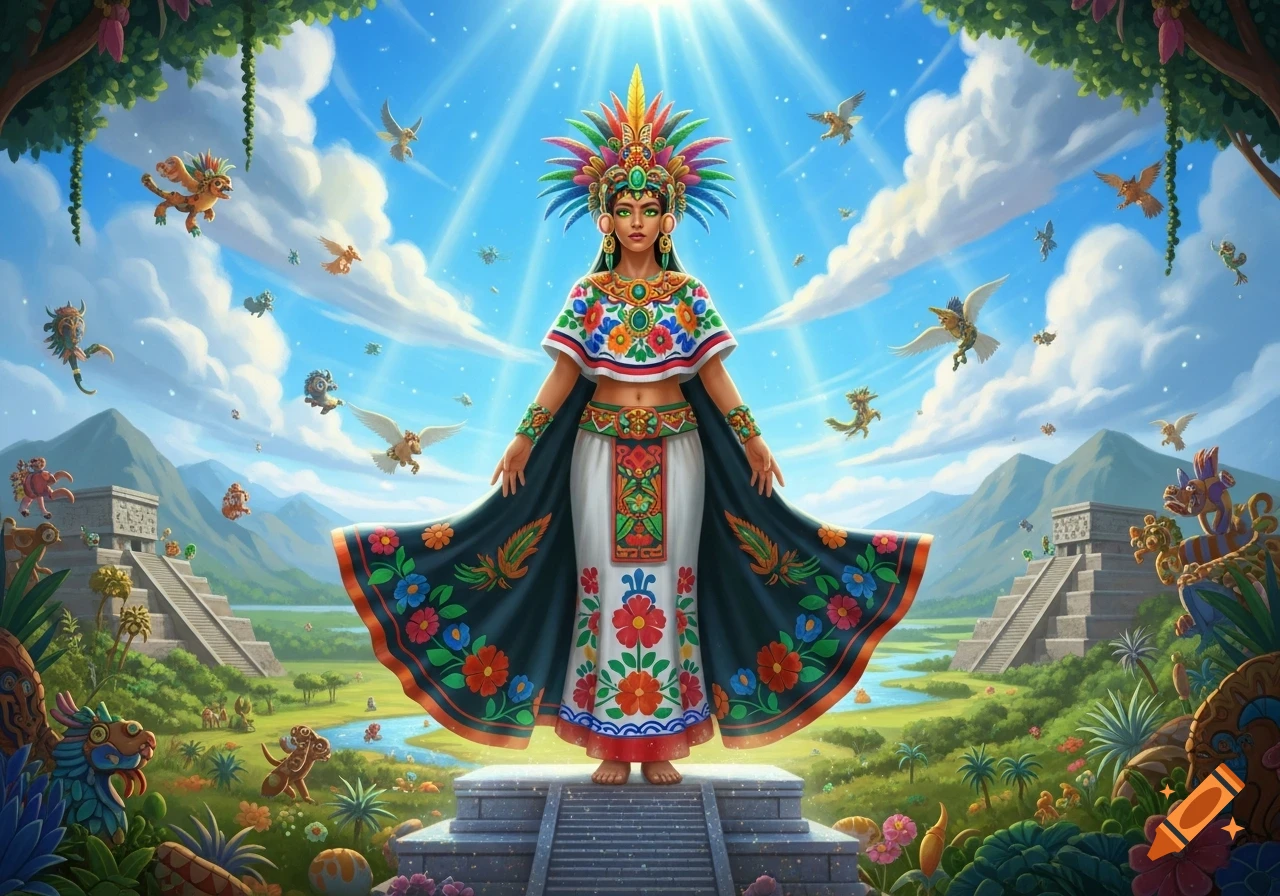 A divine goddess with a vibrant feathered headdress and embroidered attire stands radiating light over a surreal, lush Mexican landscape with pyramids and flying mythical creatures.